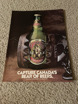 Vintage 1980 GRIZZLY CANADIAN LAGER BEER Bottle Print Ad 1980s