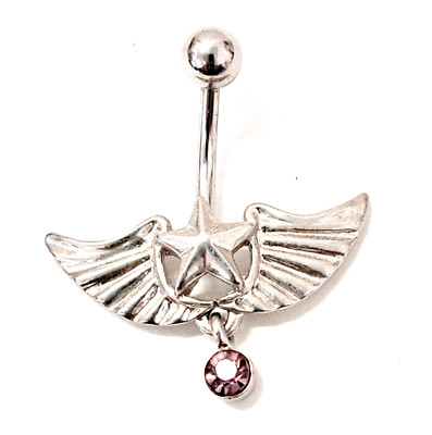 Belly Ring Angel Wings & Star w/Dark Pink Gem Dangle Naval Steel 