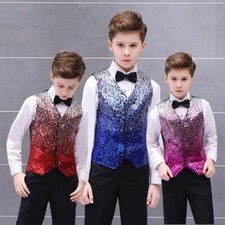 Boys Kid Sequin Vest Tank Tops Waistcoat Gradient Gilet Costume Fancy Dress