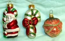 BLOWN GLASS 3 1/2" TALL SANTA, CANDY CANE, CZECH FRUIT  CHRISTMAS ORNAMENTS