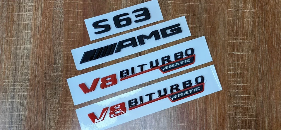 Negro y Rojo S63 AMG V8 BITURBO 4MATIC Guardabarros Insignias Emblema para Mercedes/Benz Foto 2 de 4