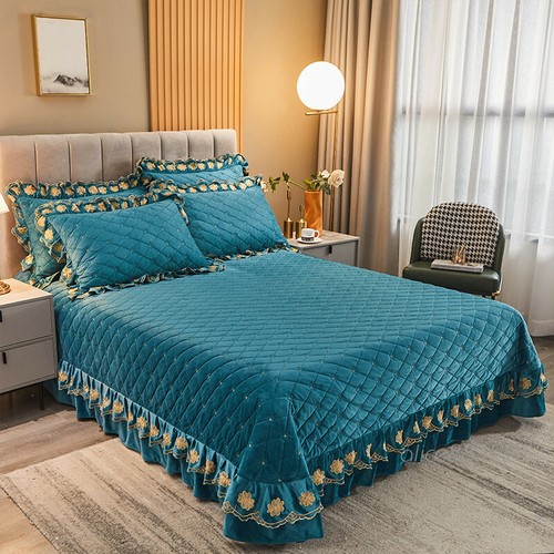 Embroidered Thick Crystal Velvet Bedspread Set Quilted Queen King Size Coverlets - Picture 10 of 68