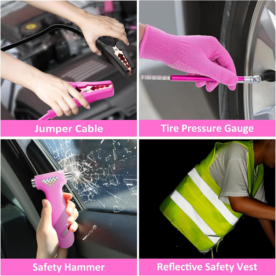 Car Roadside Safety Kit 129Pcs Pink Winter Emergency Road Side