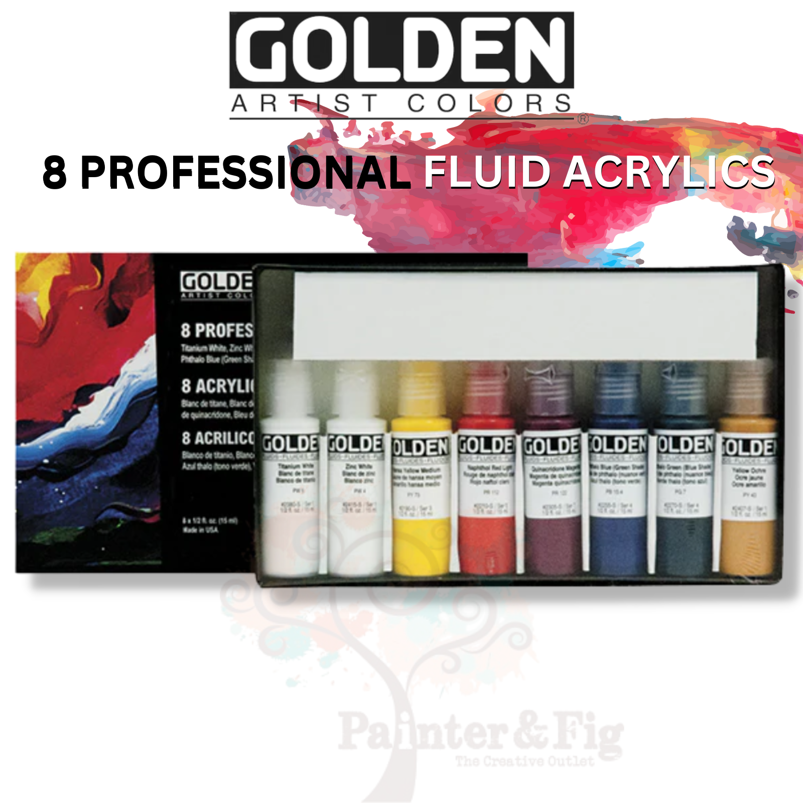 Golden 8 Professional Fluid Acrylic Set, Painting, Lightfast, Permanent