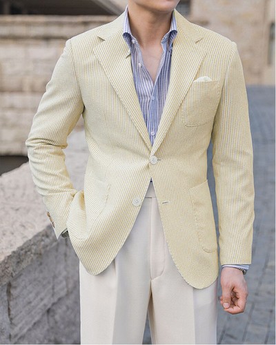 Men Seersucker Suit Blazer Summer Leisure Tuxedo Casual Jacket Party Prom Coat - Picture 6 of 31