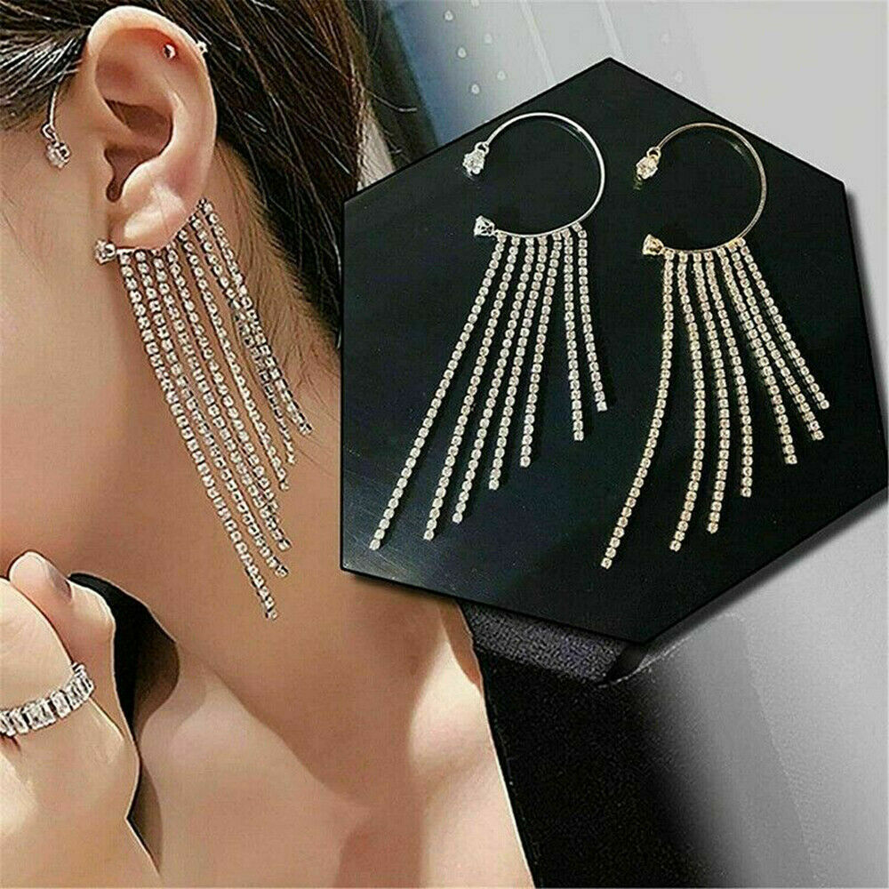 Tassel Earrings Sparkling Diamond Ear Clip Dangle Ear Cuff