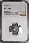 NGC MS-64 BN 1908 Indian Head Cent, Attractively Toned specimen.