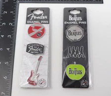 Fender & Beatles Enamel Pin Set of 6 Open Road Guitar Drum Instrument Button Lot