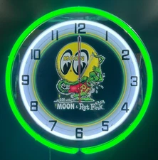 19" Rat Fink Moon Sign Green Double Neon Clock Go With Moon & Rat Fink GREEN