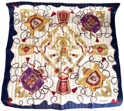 RARE Vtg LANCEL Scarf Handkerchief 22'' Sheer Cotton Blend Royal Crest Navy White