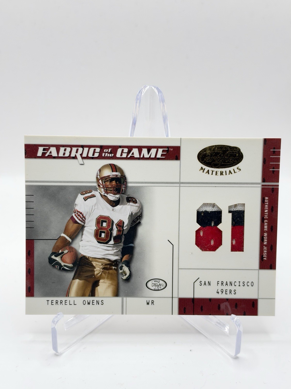 2003 Leaf Certified Fabric of the Game Terrell Owens 3 COLOR GAME USED PATCH /81