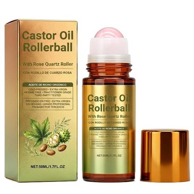 Organic Castor Oil With Rose Quartz Roller 50ml Massage Soothing Hydrating Moist