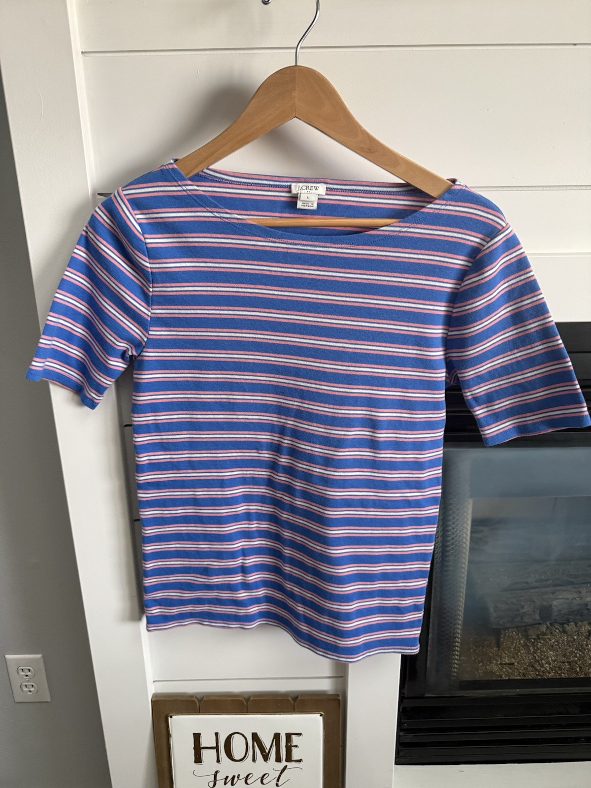 Jcrew Women’s Large Blue Pink and White Striped Blouse Classic Preppy