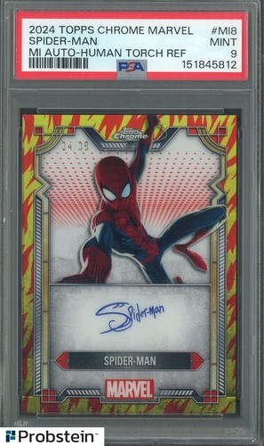 2024 Topps Chrome Marvel MI Auto Human Torch Refractor Spider-Man /39 PSA 9 MINT