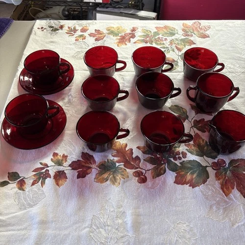 Ruby Red Depression Glass 13 Piece Lot Cups, Saucers, Creamer, Sugar, Unmarked