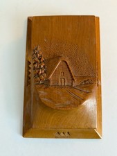 Vintage Latvian Wooden Notepad Cover Holder Carved Folk Art Barn & Tree Scene