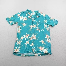 Vintage Paradise Found Shirt Mens Medium Teal Floral Hawaiian Aloha Button Up