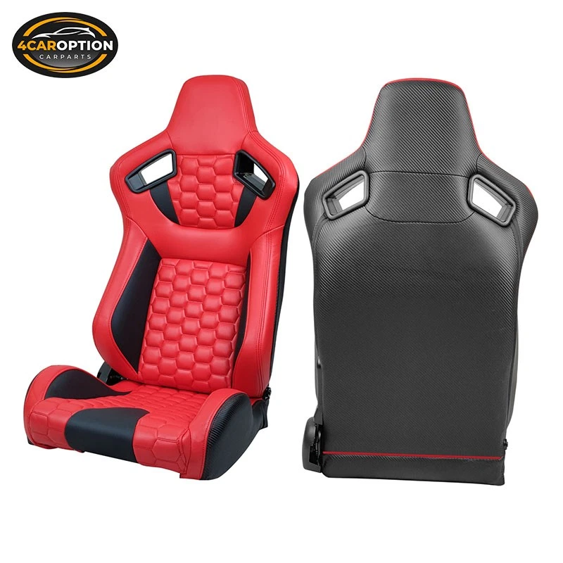 Pair Of Universal Honeycomb Racing Seats + Dual Slider Red Black PU Leather Foto 2 de 4