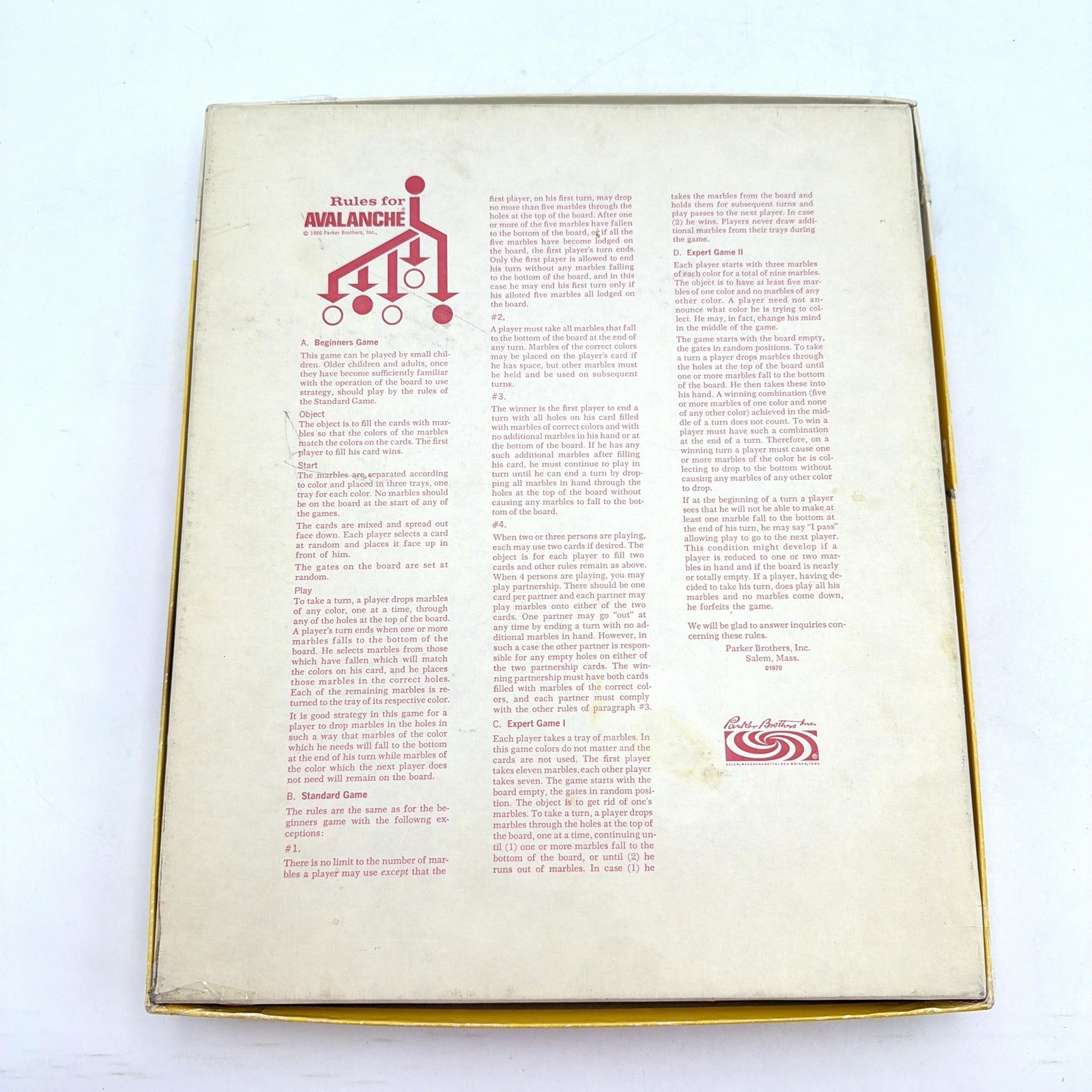 Vintage 1966 Avalanche Parker Brothers Game with Marbles Instructions Game Cards