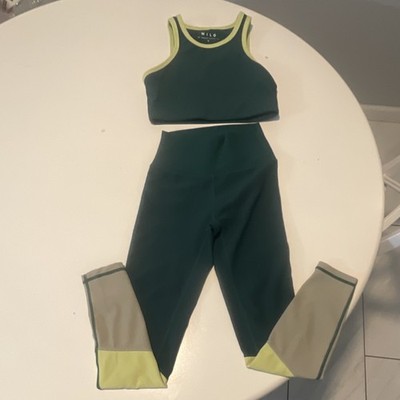 WILO Women's Colorblock Green Yellow Gray Bra & Leggings Activewear Set Size S