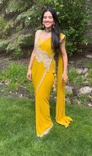 Yellow Color Full Stitched Women's Designer Pre-Draped Ready To Wear Saree Choli