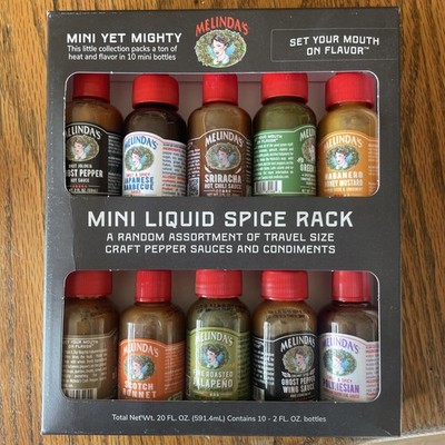 Melinda's Mini Liquid Hot Sauce Spice Rack - 10 Pack travel size Bottles Pepper