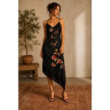 Sue Wong Black Silk Embroidered Floral Fringe Asymmetrical Midi Dress Size M