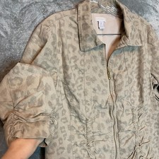 Chicos 2-L Women Linen Blend Zip Jacket Animal Print Leopard Neutral Chic Glam