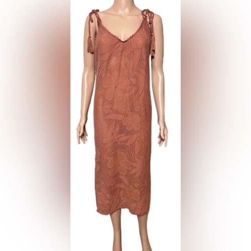 Abito Aerie L arancione ruggine pizzo midi boho floreale uncinetto slip nappa regolabile - Foto 3 di 11