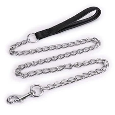 50" DOG CHAIN Leash Lead Large Dogs Heavy Duty 4mm Metal Link + Leather Strap US
