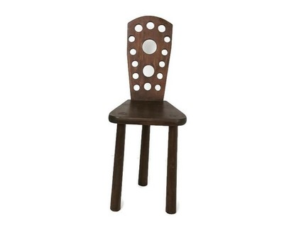 Vintage Brutalist Chair tripod carved wood modernist barn style