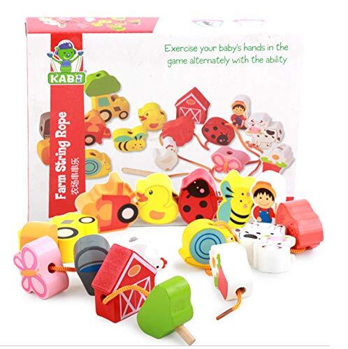 Lacing Farm Toy Wooden Block Set Early Educational Toys String & Lacing Beads...