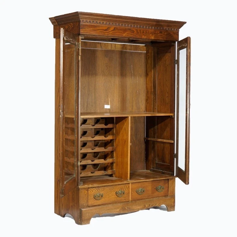 Antique Carved Oak Double Door Bookcase with Wine Rack c1920 - Image 3 of 4