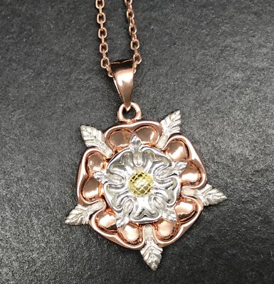 Tudor rose flower pendant necklace, rose gold on solid Sterling