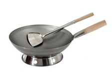 Wok Set Padella 30cm Ø Fondo Tondo + Spatola + Anello Gas Cassone Induzione Carbonio St