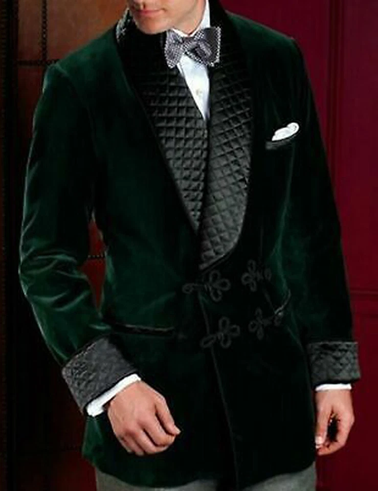 Men Vintage Velvet Smoking Suits Jacket Robe Shawl Lapel Tuxedo Blazer Tailored - Image 2 of 4