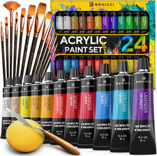 Complete Acrylic Paint Set   24  Rich Pigment Colors   12X Art Brushes with Bonu