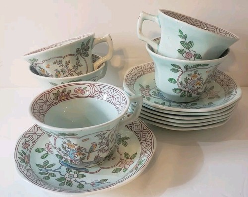 ADAMS Calyx Ware SINGAPORE BIRD 5 cups & 5 saucers -Older Red Backstamp