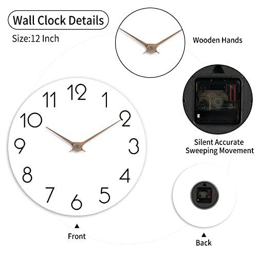 12 Inch Wall Clock - Wooden Silent Wall Clocks Battery Operated Non 12" D_white - Bild 6 von 7