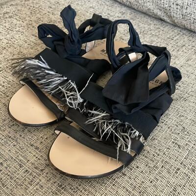 MSGM Black Ankle Wrap Feather Sandals Size 39 US 9