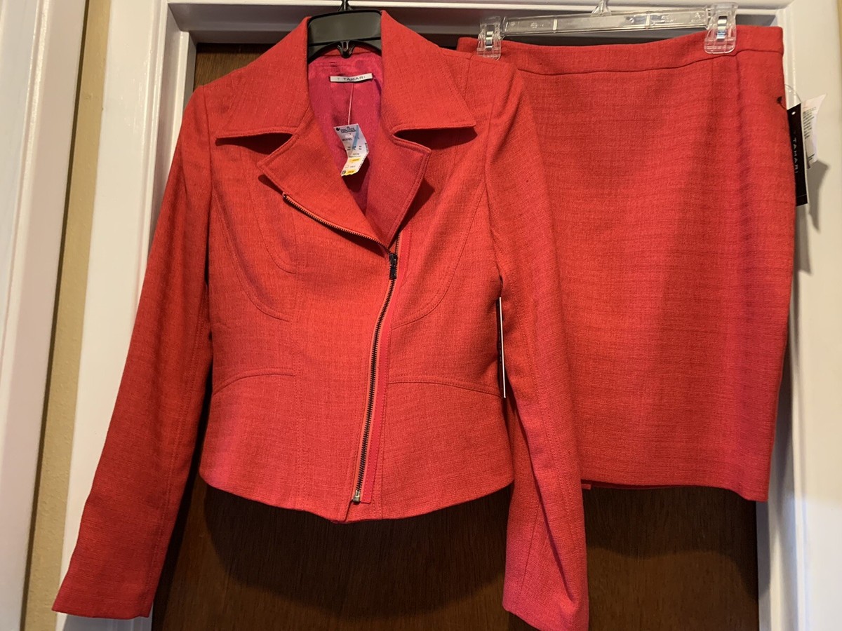NWT Tahari Red Suit-Skirt (10) Jacket (6) Zip Up Bikers Blazer