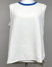 ZARA Womens MEDIUM White Pebbled Knit Sleeveless Trapeze SWING TOP Blue Trim EUC