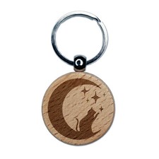 Cat in Moon Playing with Stars Engraved Wood Round Keychain Tag Charm