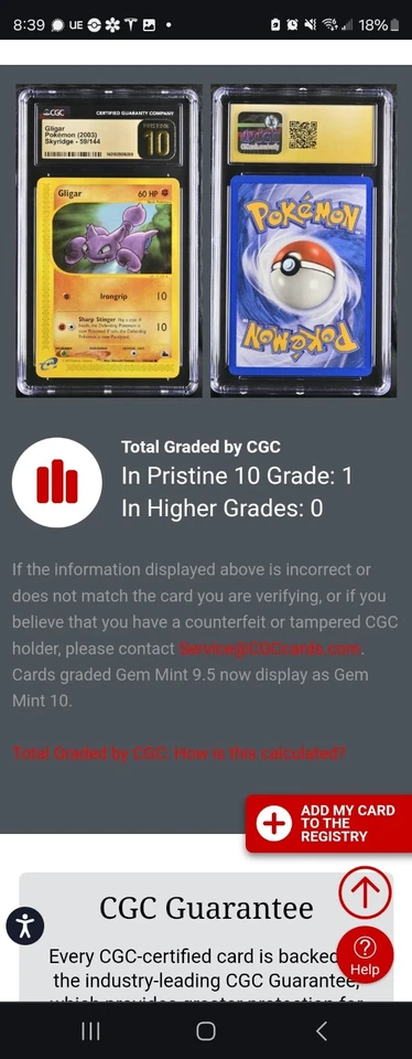 (POP 1) CGC 10 PRISTINE Gligar 59/144 Pokémon Skyridge Card 2003 - Image 4 of 4