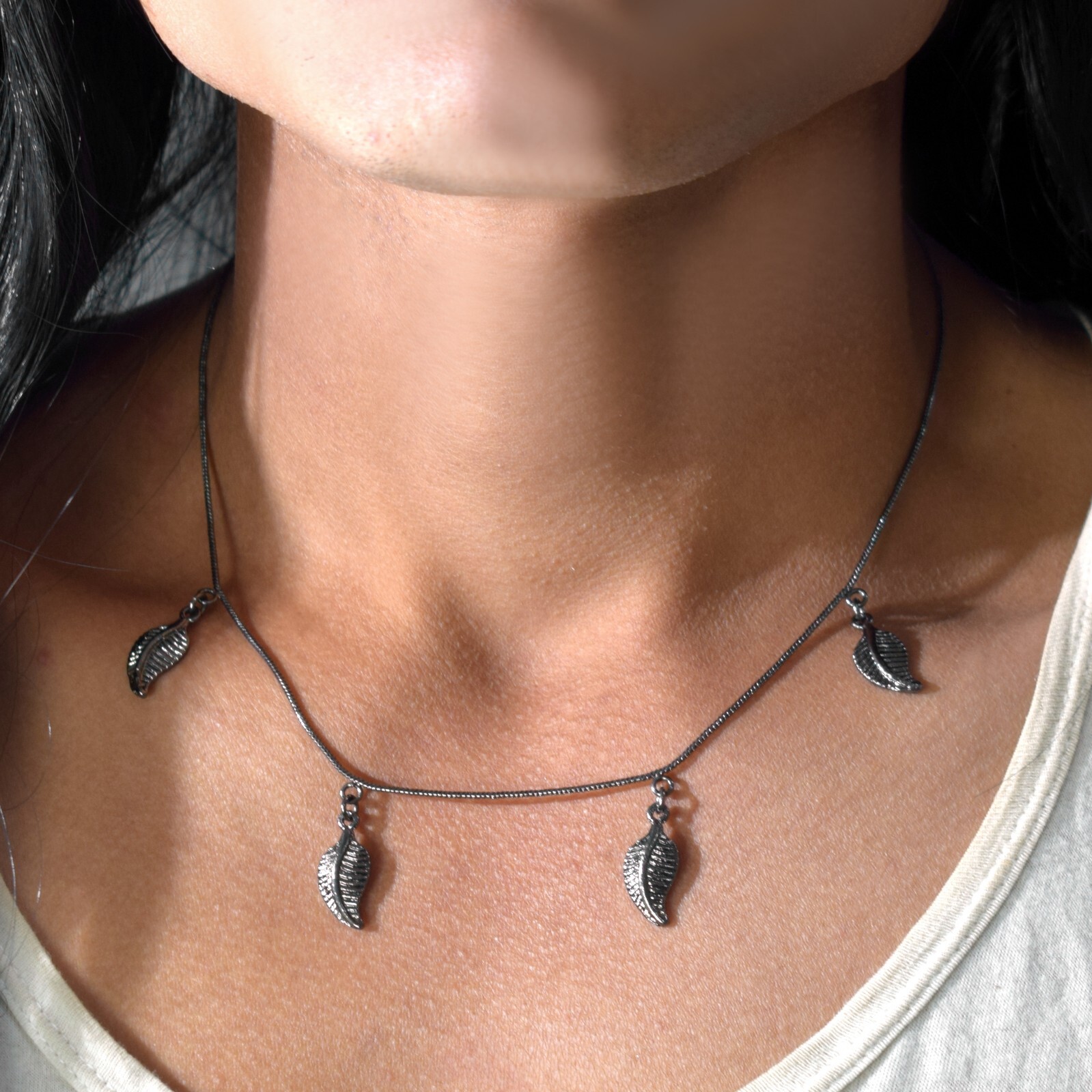 Dainty Black Oxidized Leaf Paperclip Chain Necklace Nature Lover Fashion Jewelry