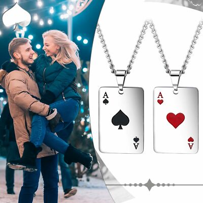 Matching Couple Necklaces - 'Forever Always' Stainless Steel Pendant Set With 24" Chains | Poker Card Heart Design