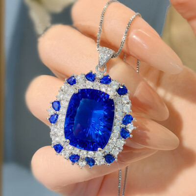 New 20mm Big Rayal Blue Topaz Gemstone Luxury Women Silver Necklace Pendants