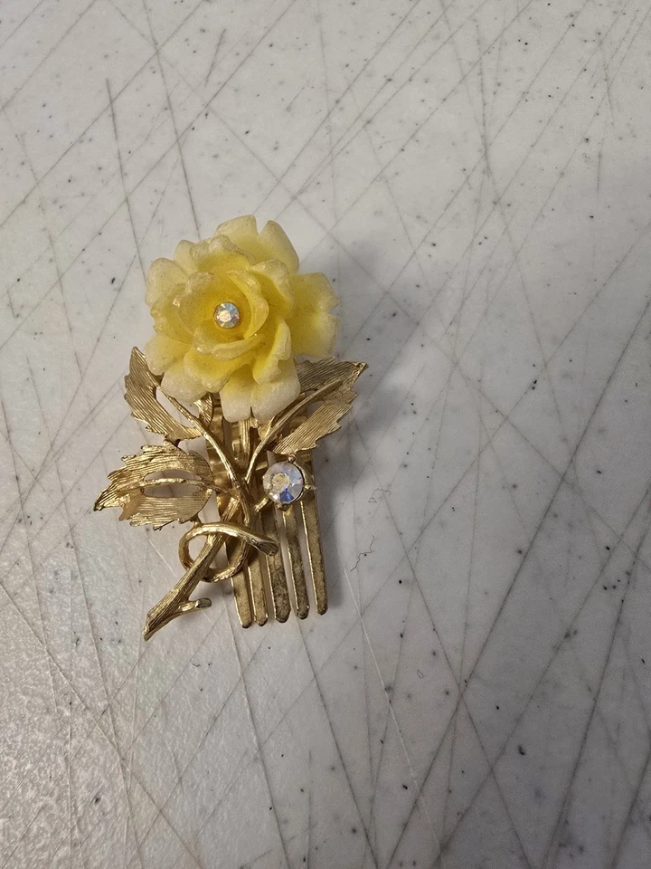 Vintage Metal Gold Tone With Yellow Rose Hair Comb Clip with Rhinestones READ - Image 2 of 4
