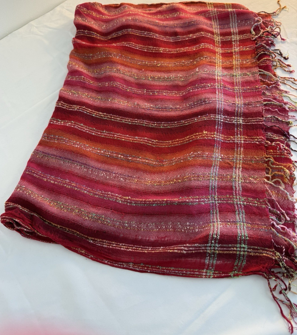 Women’s Red Orange Pink Striped Shawl/Wrap Scarf with Fringe 2 x 5 ft