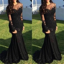Mermaid Evening Dress Sparkle Long Sleeve Illusion Neck Lace Appliques Prom Gown